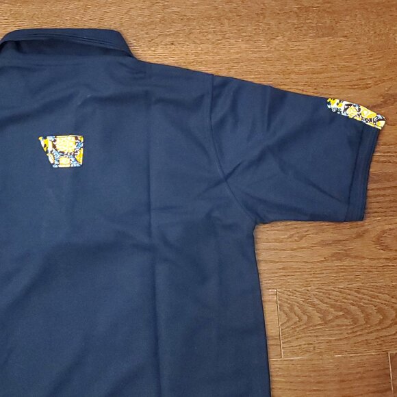 Men’s African Print Polo Shirt – Navy Blue with Vibrant Patchwork Pattern - Picture 3 of 4